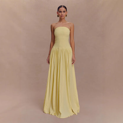 Women's Solid Color Sleeveless Backless Fitted Shirred Tube Dress Long Skirt Pleated