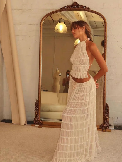 Wrinkle lace lace vest long skirt set