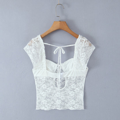 Lace fungus bow sexy perspective T-shirt