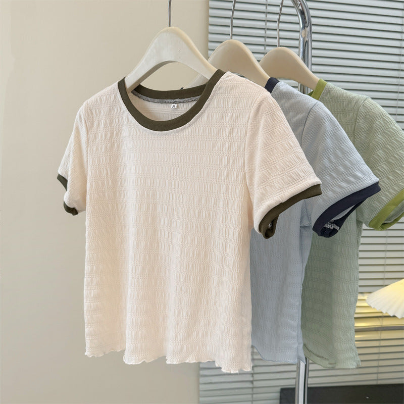Style Short T-Shirt Women's Slim Fit Korean Version Base Layer with Wooden Edge Half Sleeve Top
