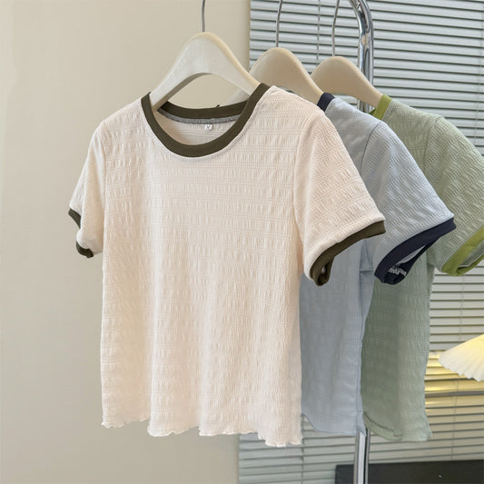 Style Short T-Shirt Women's Slim Fit Korean Version Base Layer with Wooden Edge Half Sleeve Top