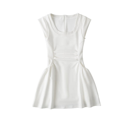 U-neck sleeveless patchwork pleated waist dress