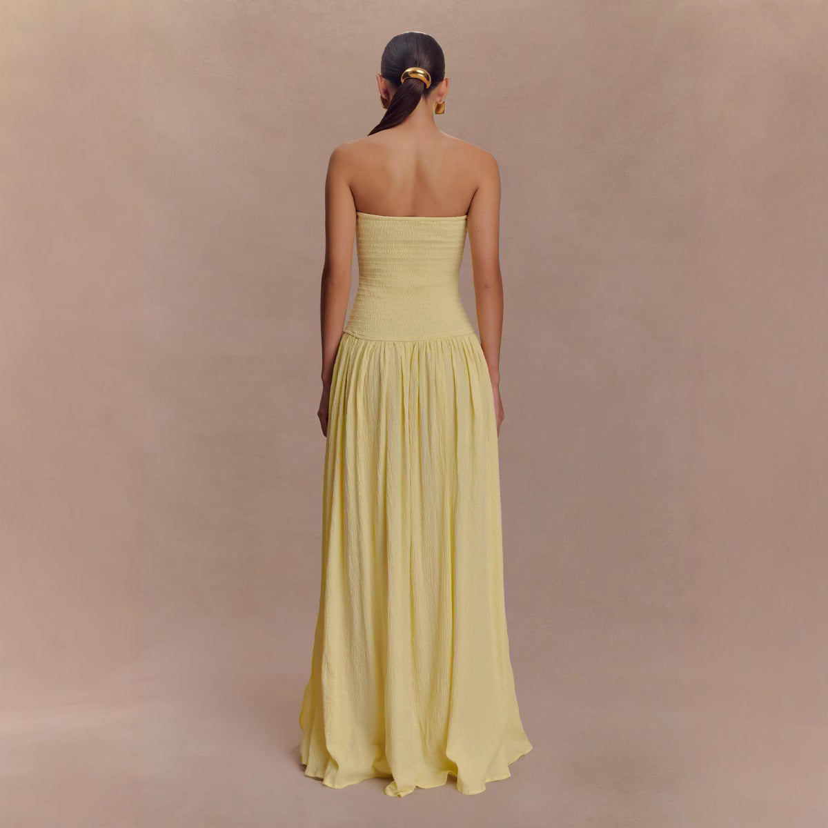 Women's Solid Color Sleeveless Backless Fitted Shirred Tube Dress Long Skirt Pleated