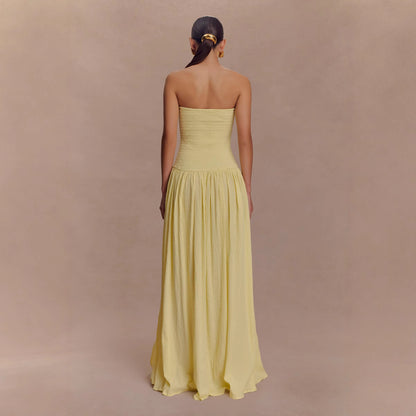 Women's Solid Color Sleeveless Backless Fitted Shirred Tube Dress Long Skirt Pleated