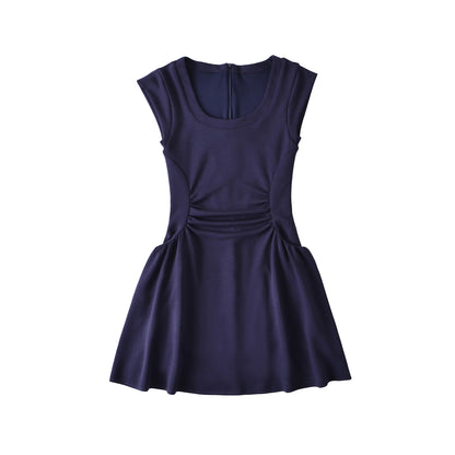 U-neck sleeveless patchwork pleated waist dress