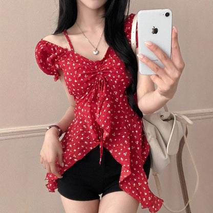Polka Dot Bubble Sleeve Halter Irregular Tie Top Women's Slim T-Shirt