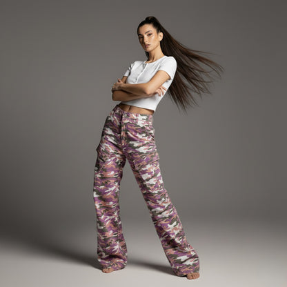 High Street  Style Color Block Multi-Pocket Camouflage Denim Work Pants Unisex Loose Wide Leg Straight Leg Long Pants