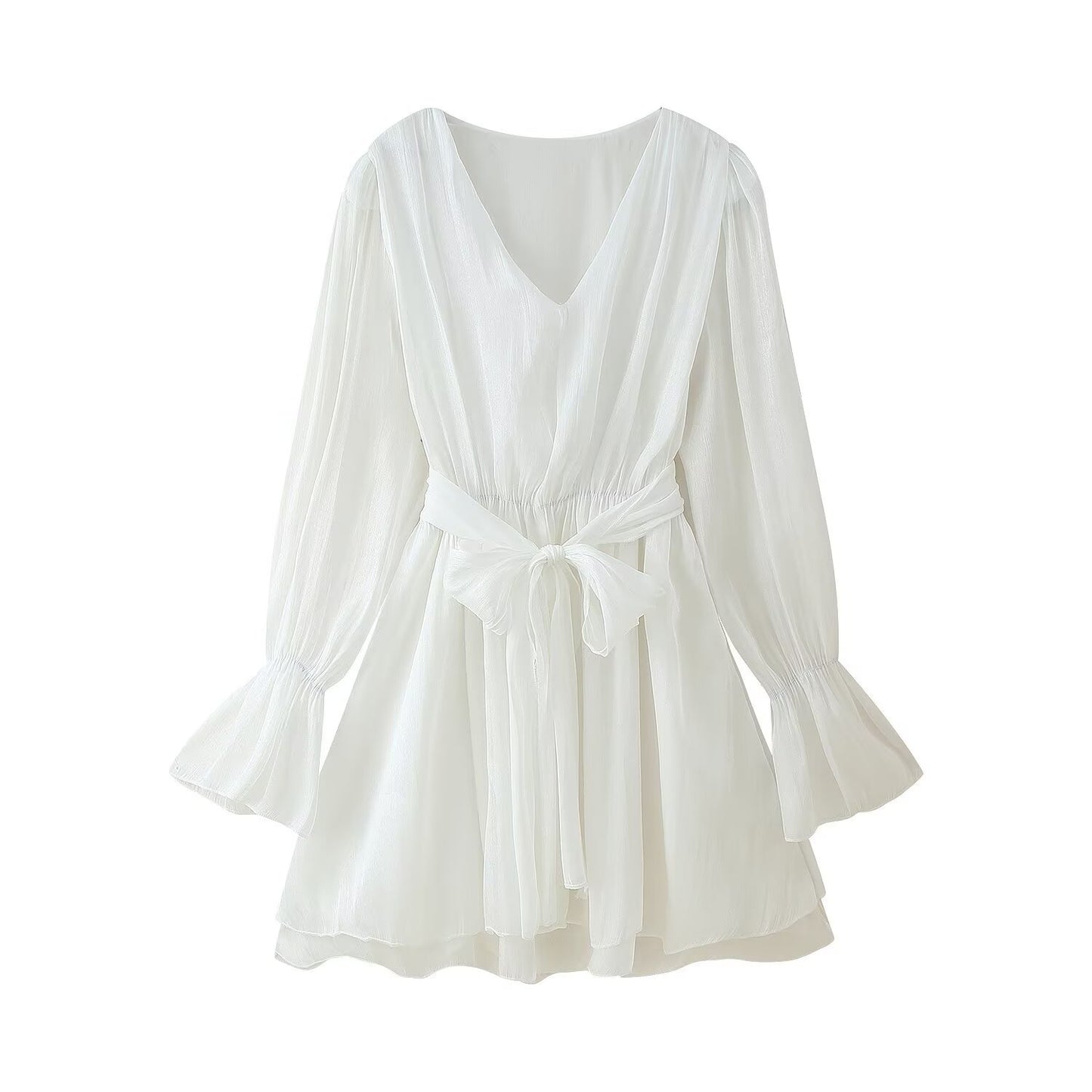 Women's V-neck Flare Sleeve Waist-tied Belted Dress
