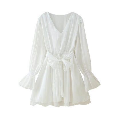 Women's V-neck Flare Sleeve Waist-tied Belted Dress
