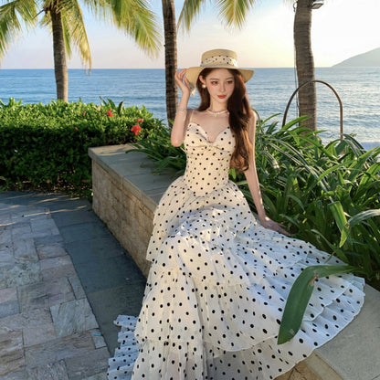 French Vacation Gentle Polka Dot Waist-Cinching Slimming Fashion Strapless Dress