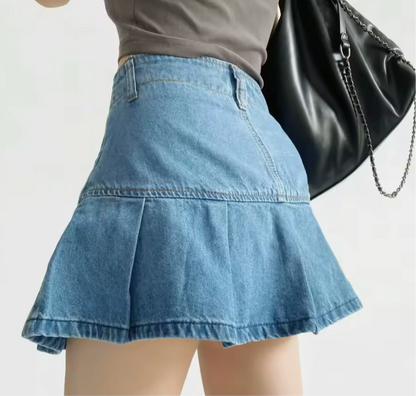 High-Waisted Leg-Lengthening Washed Vintage Two-Button Denim Pleated A-Line Mini Skirt