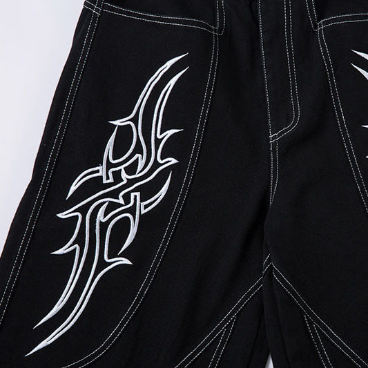 Wide Leg Long Pants Thorns Embroidery Loose Floor-Length Denim Pants Unisex Trendy