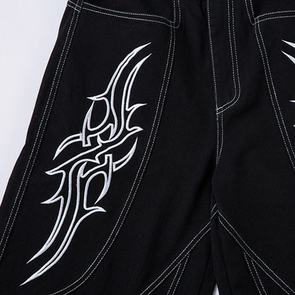 Wide Leg Long Pants Thorns Embroidery Loose Floor-Length Denim Pants Unisex Trendy