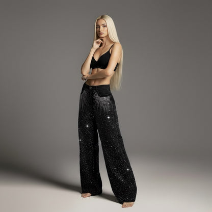 Street Style High-Quality Washed Beaded Loose Denim Long Pants