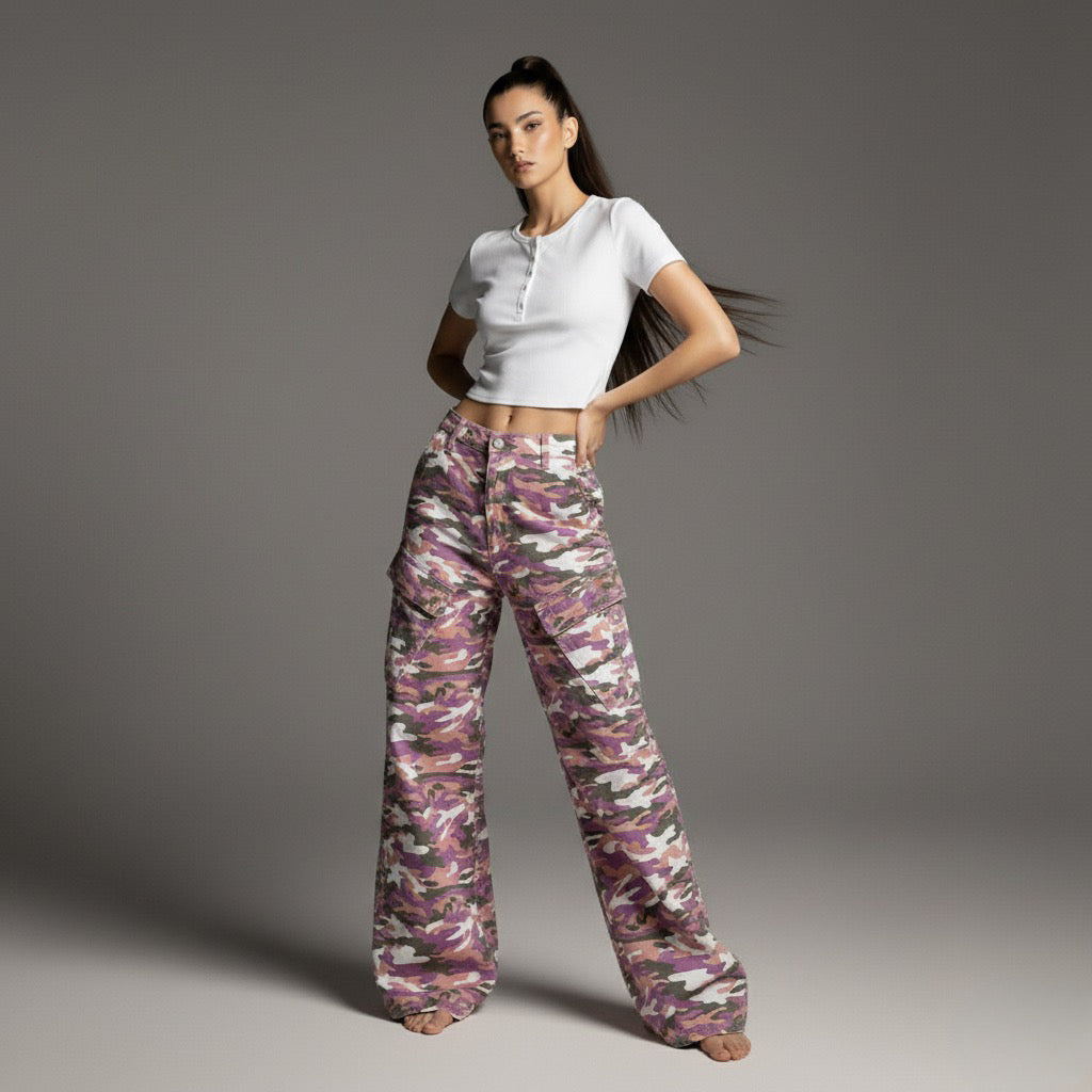 High Street  Style Color Block Multi-Pocket Camouflage Denim Work Pants Unisex Loose Wide Leg Straight Leg Long Pants