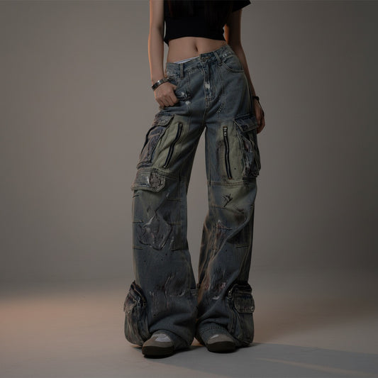 Retro graffiti multi pocket wide leg jeans