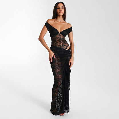 Lace dress sexy hollowed out see through jumpsuit half body long skirt two-piece set