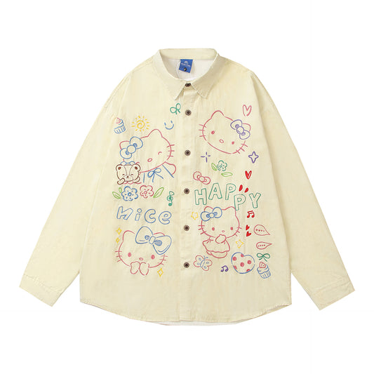 Cartoon Embroidery Couple Long Sleeve Shirt Loose Fit All-Match Blouse Jacket for Men and Women