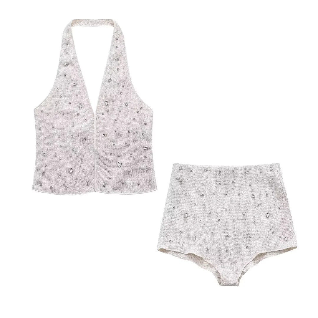 Women's Jewelry-Adorned Neckline Top + High-Waisted Wide-Leg Triangle Pants with Jewelry-Adorned Details