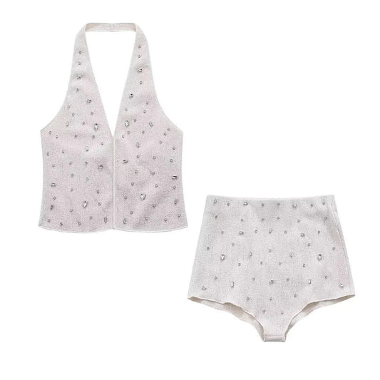 Women's Jewelry-Adorned Neckline Top + High-Waisted Wide-Leg Triangle Pants with Jewelry-Adorned Details