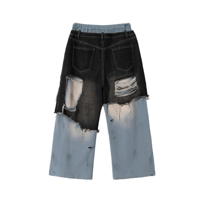Retro ripped contrasting color patchwork casual pants