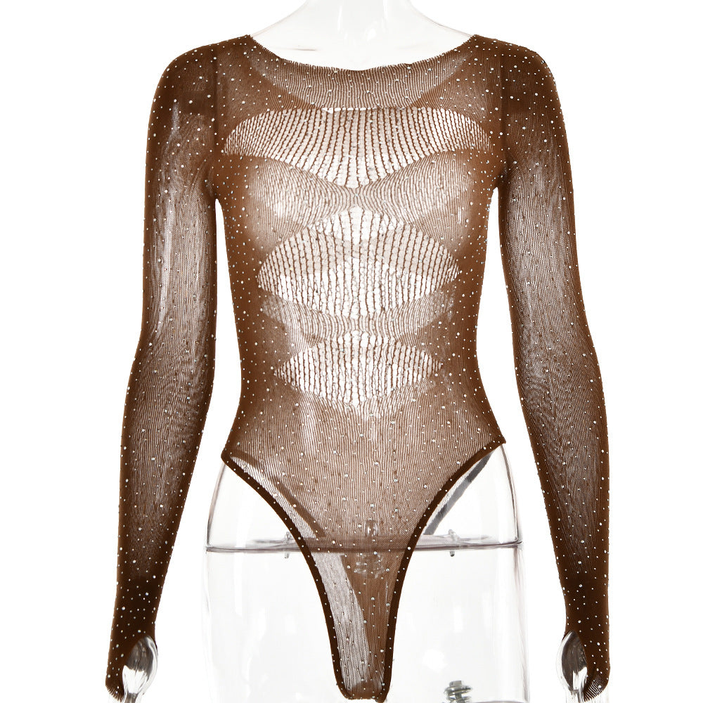 High elasticity knitted see through long sleeved hollow hot stamping jumpsuit for women