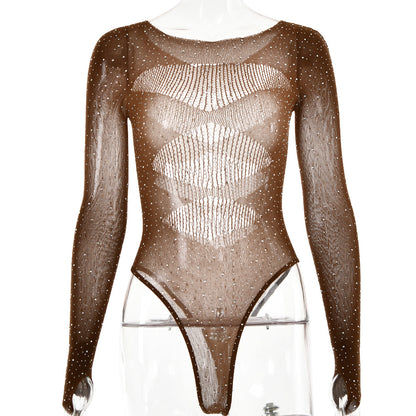 High elasticity knitted see through long sleeved hollow hot stamping jumpsuit for women