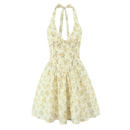 Elegant Floral Print Bow Tie Strapless Short Dress
