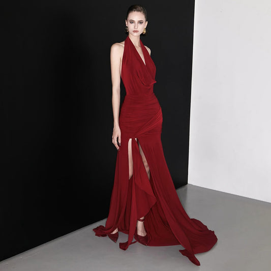 Sexy deep V backless irregular hanging neck sleeveless slim fitting jumpsuit long skirt