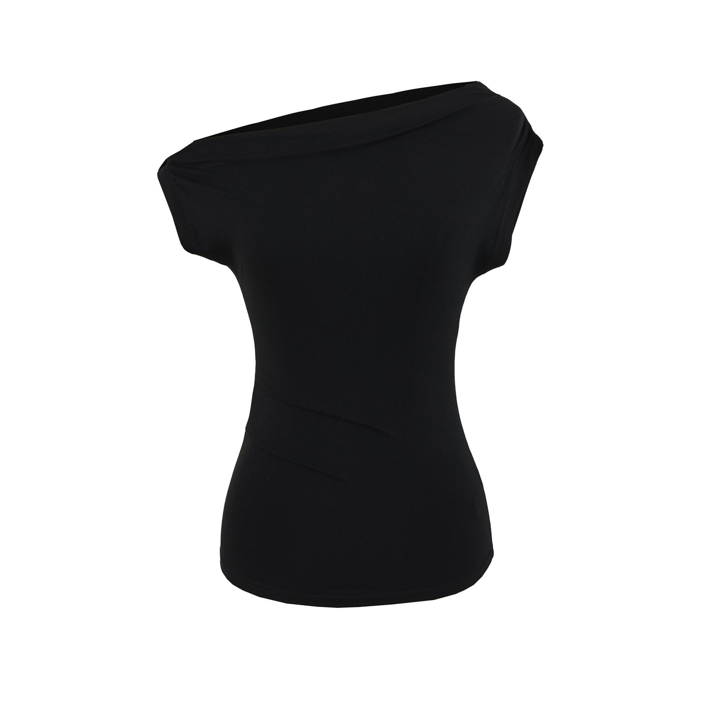 Slant neck off shoulder pleated slim fit short sleeved T-shirt