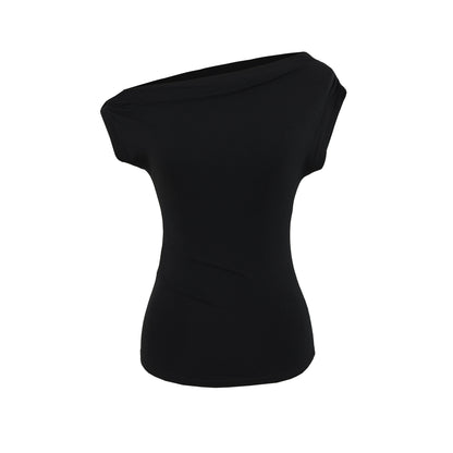 Slant neck off shoulder pleated slim fit short sleeved T-shirt