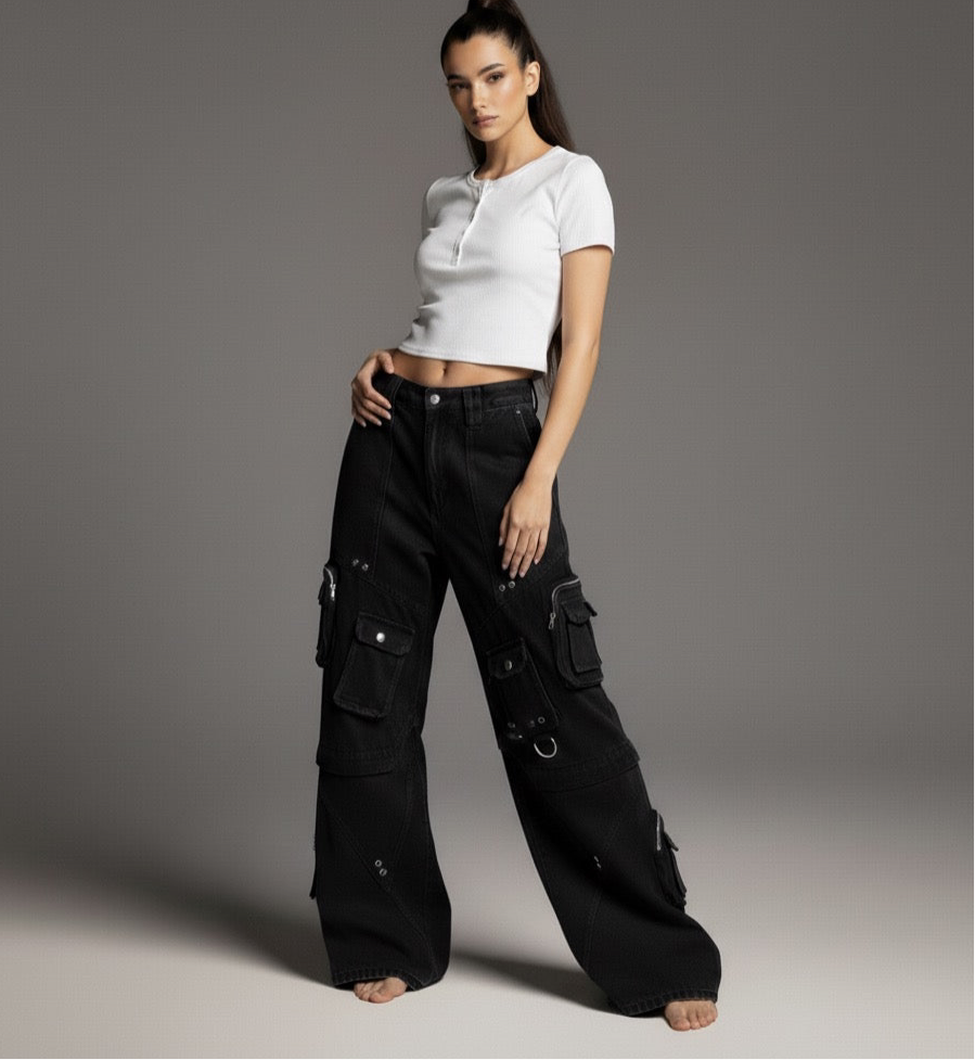 Street Style High-Quality Washed Workwear Pocket Detachable Denim Long Pants