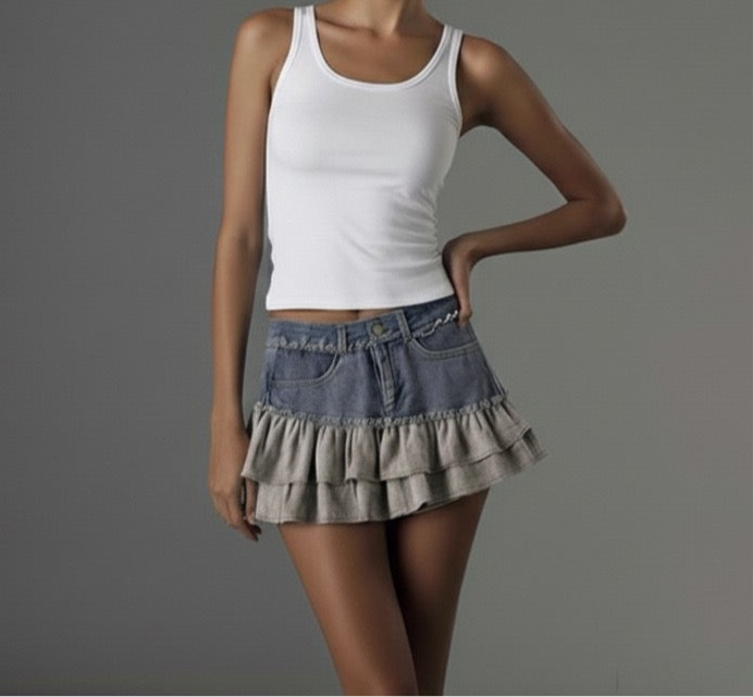 High Waist Washed Raw Hem Denim Spliced Skirt with Lining A-Line Mini Skirt