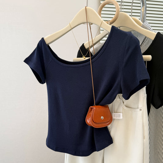 Style Solid Color Off-the-Shoulder Short Sleeve T-Shirt for Women, Slim Fit Short Length Half-Sleeve Top