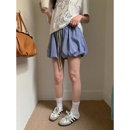 Plaid Bubble Shorts for Women with Adjustable Drawstring Waistband and Casual Style