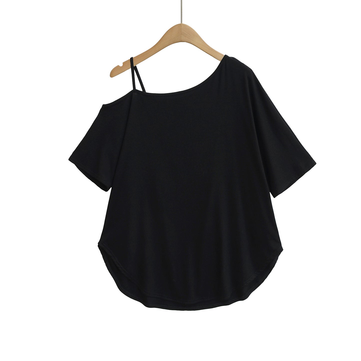 One-Shoulder Off-The-Shoulder Curved Hem Loose Short Sleeve T-Shirt