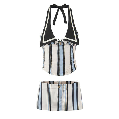 Bare back hanging neck small suspender+hip hugging short skirt