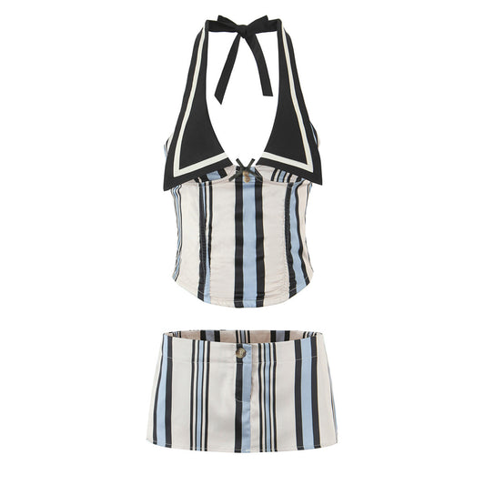 Bare back hanging neck small suspender+hip hugging short skirt