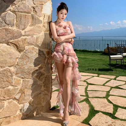 Vacation Style Irregular Hem Leaf Edge Short Dress Strapless Skirt