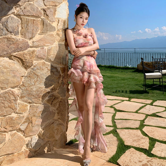 Vacation Style Irregular Hem Leaf Edge Short Dress Strapless Skirt