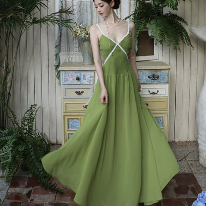 French Fresh Elegant Green V-neck Dress with Strapless Design