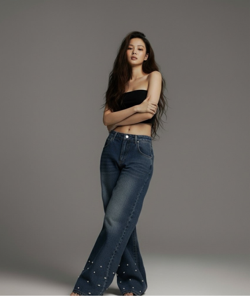 Wash denim jeans wide leg pants