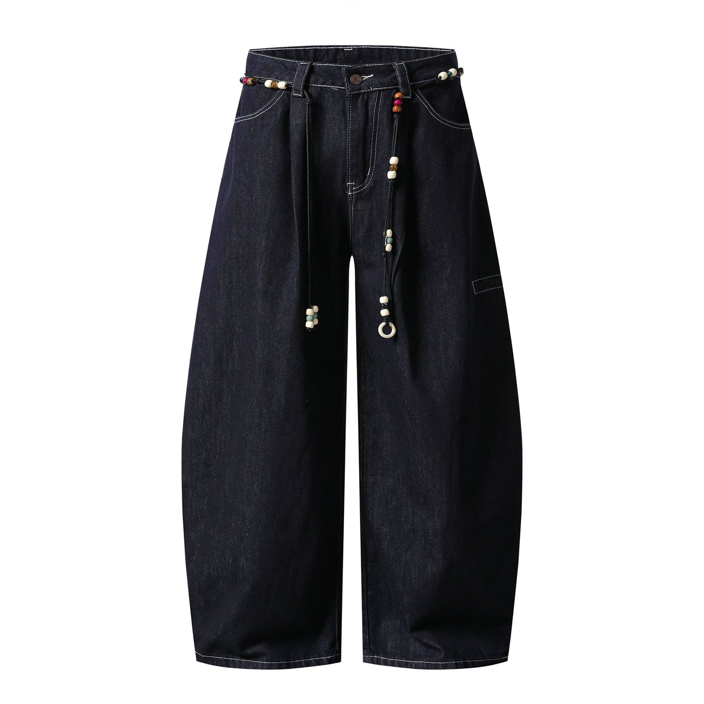 Retro Unique Design Beaded Waist Cord Flared Denim Pants Unisex Loose Slimming Versatile Wide Leg Long Trousers