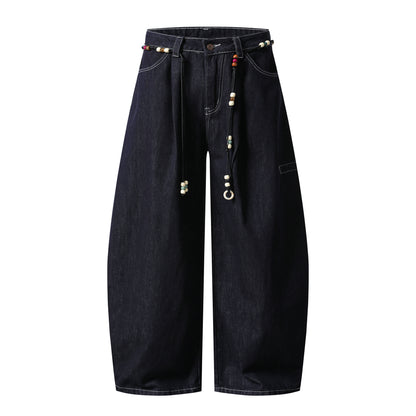 Retro Unique Design Beaded Waist Cord Flared Denim Pants Unisex Loose Slimming Versatile Wide Leg Long Trousers