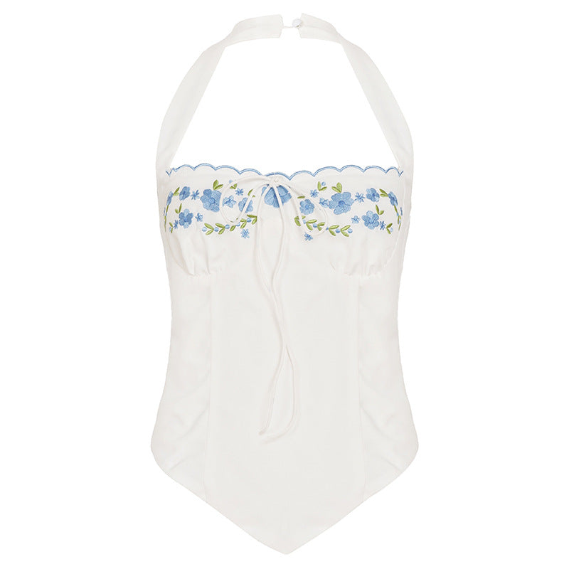 Embroidered neck strap solid color lace lace slim fit vest
