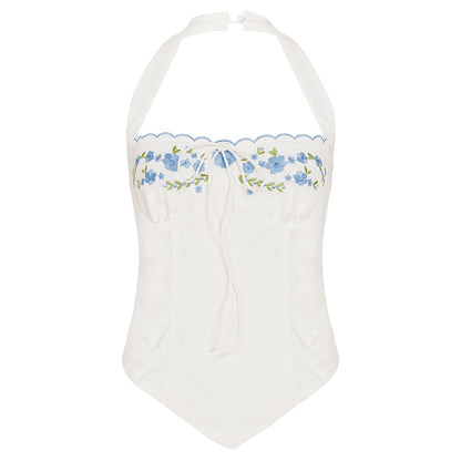 Embroidered neck strap solid color lace lace slim fit vest