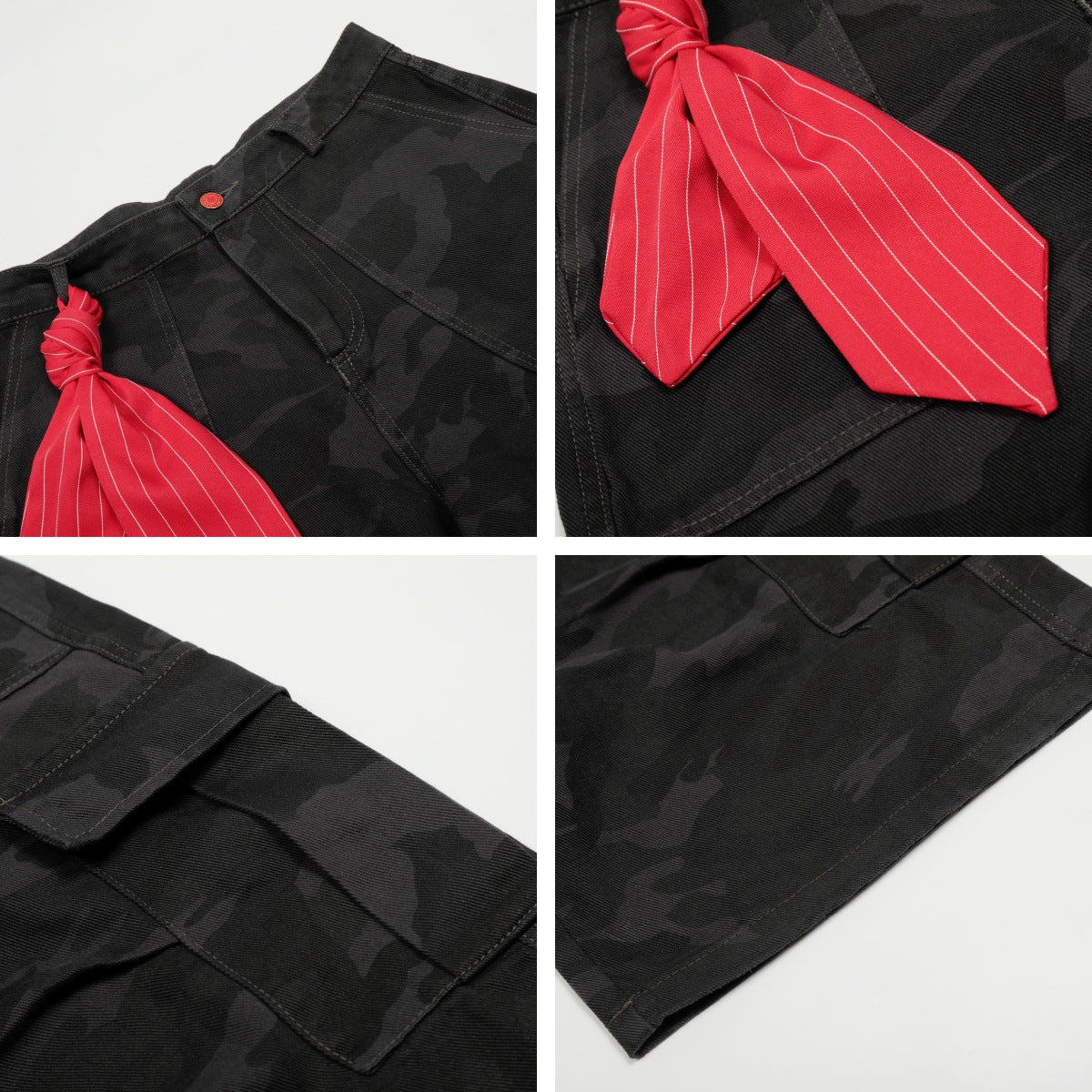 Camouflage Multi-Pocket Ribbon Workwear Capri Pants Unisex Loose Casual Wide-Leg Mid-Length Trousers