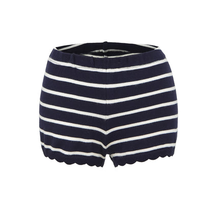 Elastic Fitted Dark Blue Striped Small Lace Hem Knit Shorts
