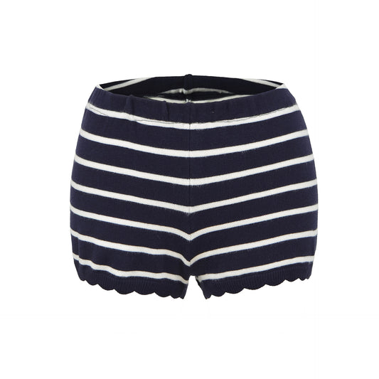 Elastic Fitted Dark Blue Striped Small Lace Hem Knit Shorts