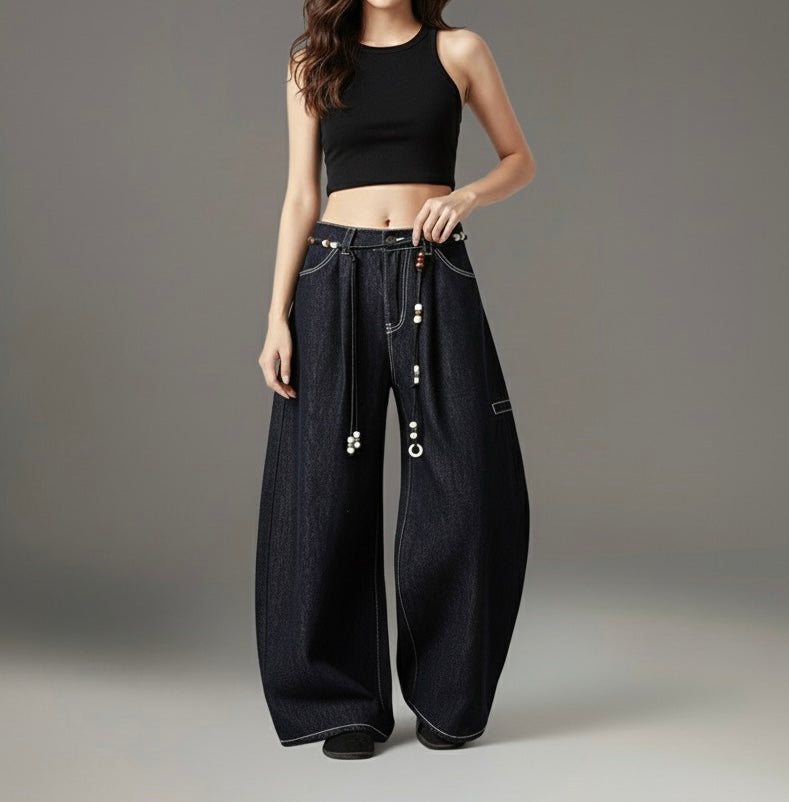 Retro Unique Design Beaded Waist Cord Flared Denim Pants Unisex Loose Slimming Versatile Wide Leg Long Trousers